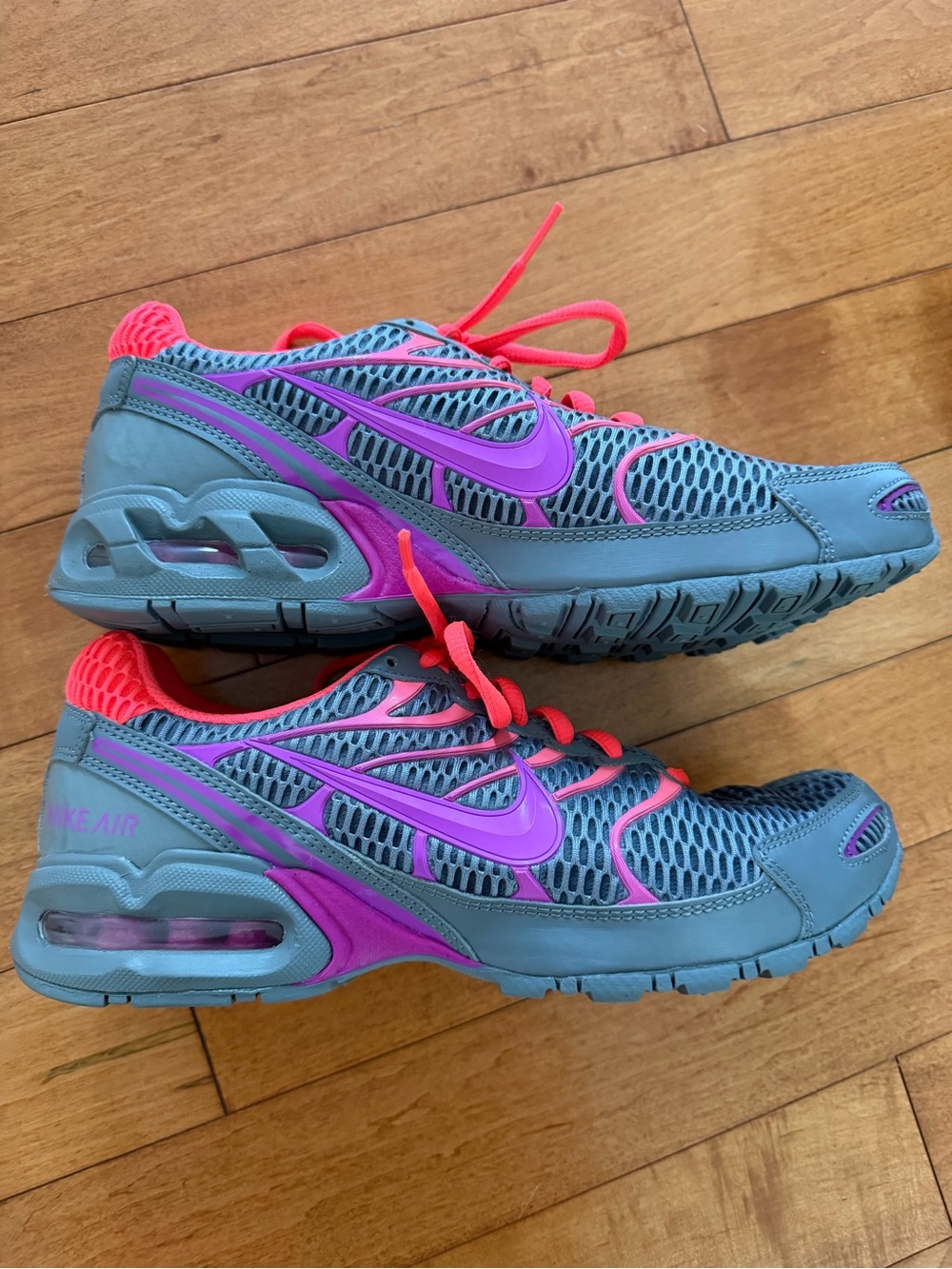 Nike Women's Air Max Torch 4 - Gray with Purple & Pink-Orange Accents.